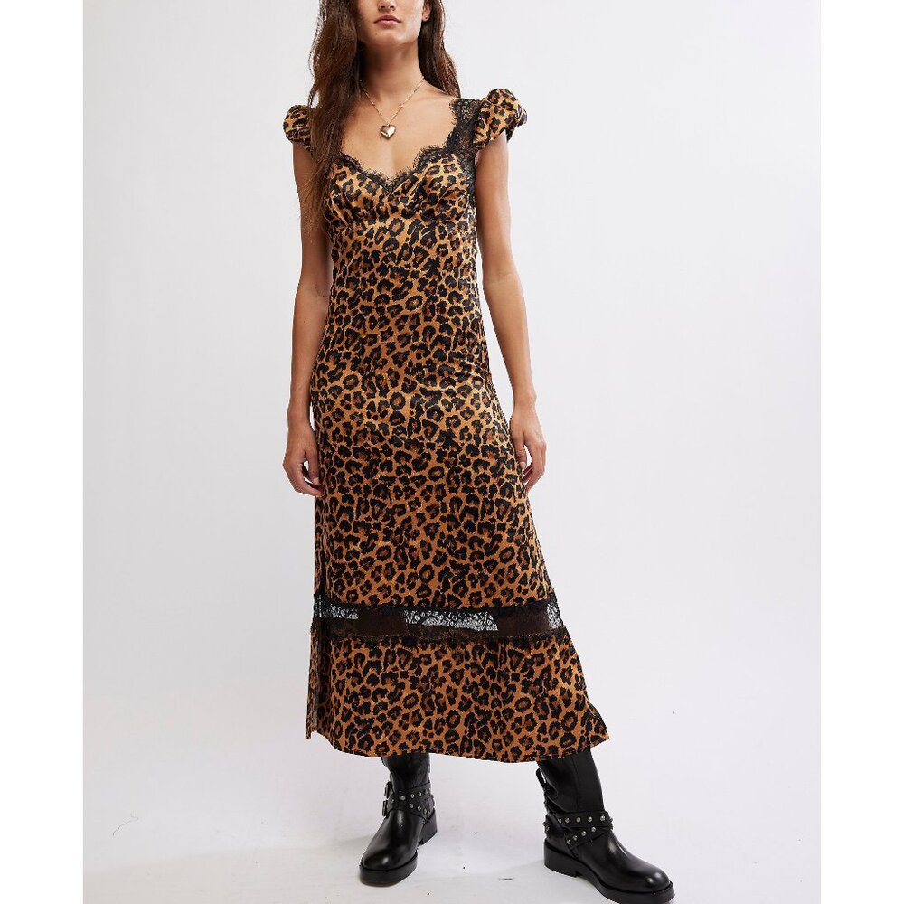 Free People Leopard Print Midi Dress with Lace Trim